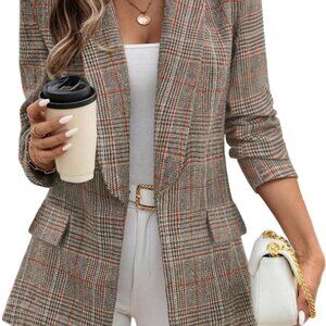 Shawl Collar Plaid Boyfriend Blazer Business Casual Open Front Work Office